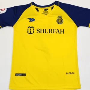 Front View of Ronaldo CR7 Al Nassr Kids Home Jersey 22/23 – Displays the iconic yellow and blue Al Nassr home jersey with CR7 branding for kids.