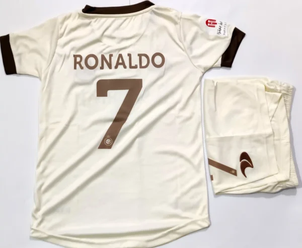 Back view of Kids Al Nassr Third Away Jersey 2022/23 with Shorts, showing detailed design and fit