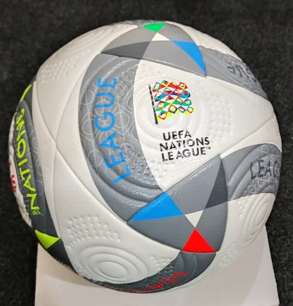 Close-up of the Adidas UEFA Nations League 2024 Ball's thermally bonded, seamless construction, highlighting the FIFA Quality Pro certification for professional-grade performance