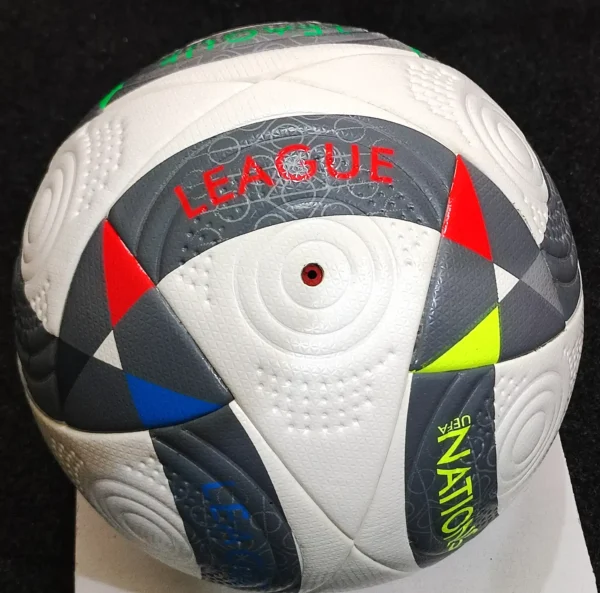 Adidas UEFA Nations League 2024 Ball in White, Iron Metallic, and Silver Metallic with vibrant scarf-inspired pattern, official match ball, size 5