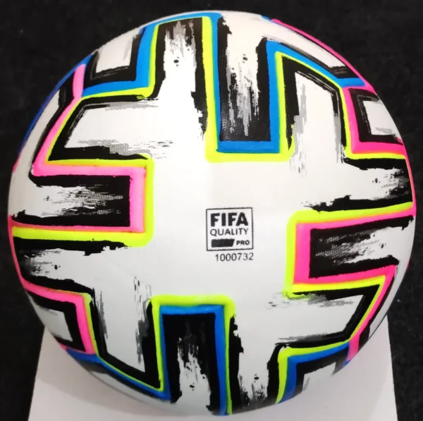 Adidas Uniforia Euro 2020 soccer ball with unique white, black, signal green, and bright cyan color scheme representing UEFA tournament theme
